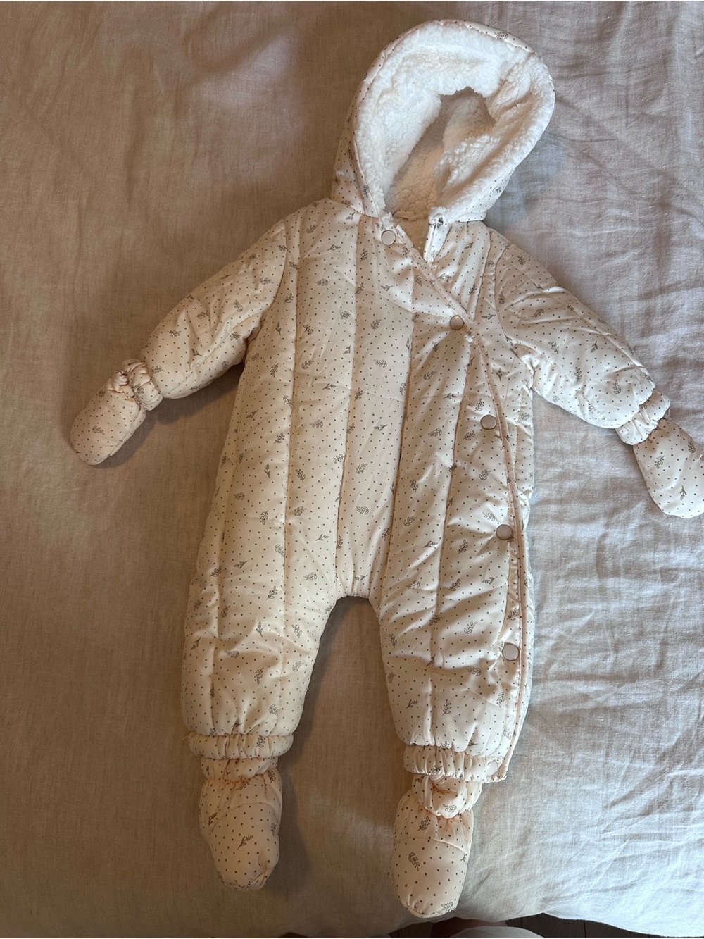 Infant Cream Quilted Hooded One-Piece Snowsuit